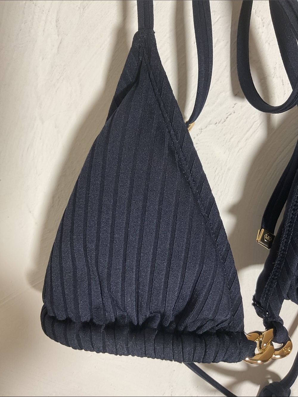 MICHAEL Michael Kors Ribbed Gold Chain Triangle Bikini Set Size S Navy - Picture 3 of 13